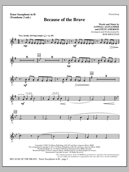 Download Bob Krogstad Because Of The Brave - Tenor Sax (sub. Tbn 2) Sheet Music and learn how to play Choir Instrumental Pak PDF digital score in minutes
