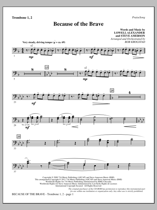 Download Bob Krogstad Because Of The Brave - Trombone 1 & 2 Sheet Music and learn how to play Choir Instrumental Pak PDF digital score in minutes