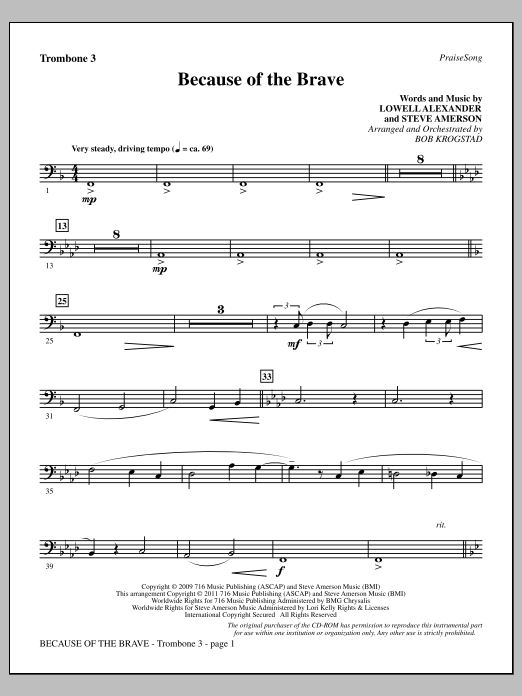 Download Bob Krogstad Because Of The Brave - Trombone 3 Sheet Music and learn how to play Choir Instrumental Pak PDF digital score in minutes