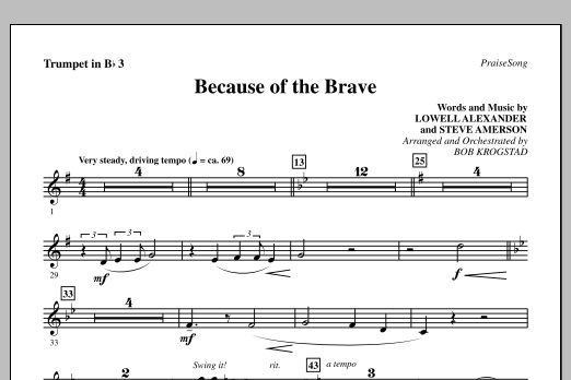 Download Bob Krogstad Because Of The Brave - Trumpet 3 Sheet Music and learn how to play Choir Instrumental Pak PDF digital score in minutes