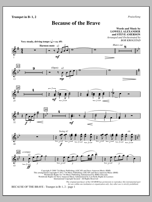 Download Bob Krogstad Because Of The Brave - Trumpets 1 & 2 Sheet Music and learn how to play Choir Instrumental Pak PDF digital score in minutes