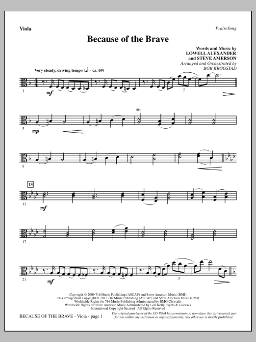 Download Bob Krogstad Because Of The Brave - Viola Sheet Music and learn how to play Choir Instrumental Pak PDF digital score in minutes