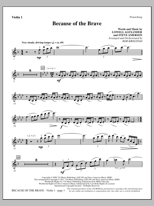 Download Bob Krogstad Because Of The Brave - Violin 1 Sheet Music and learn how to play Choir Instrumental Pak PDF digital score in minutes