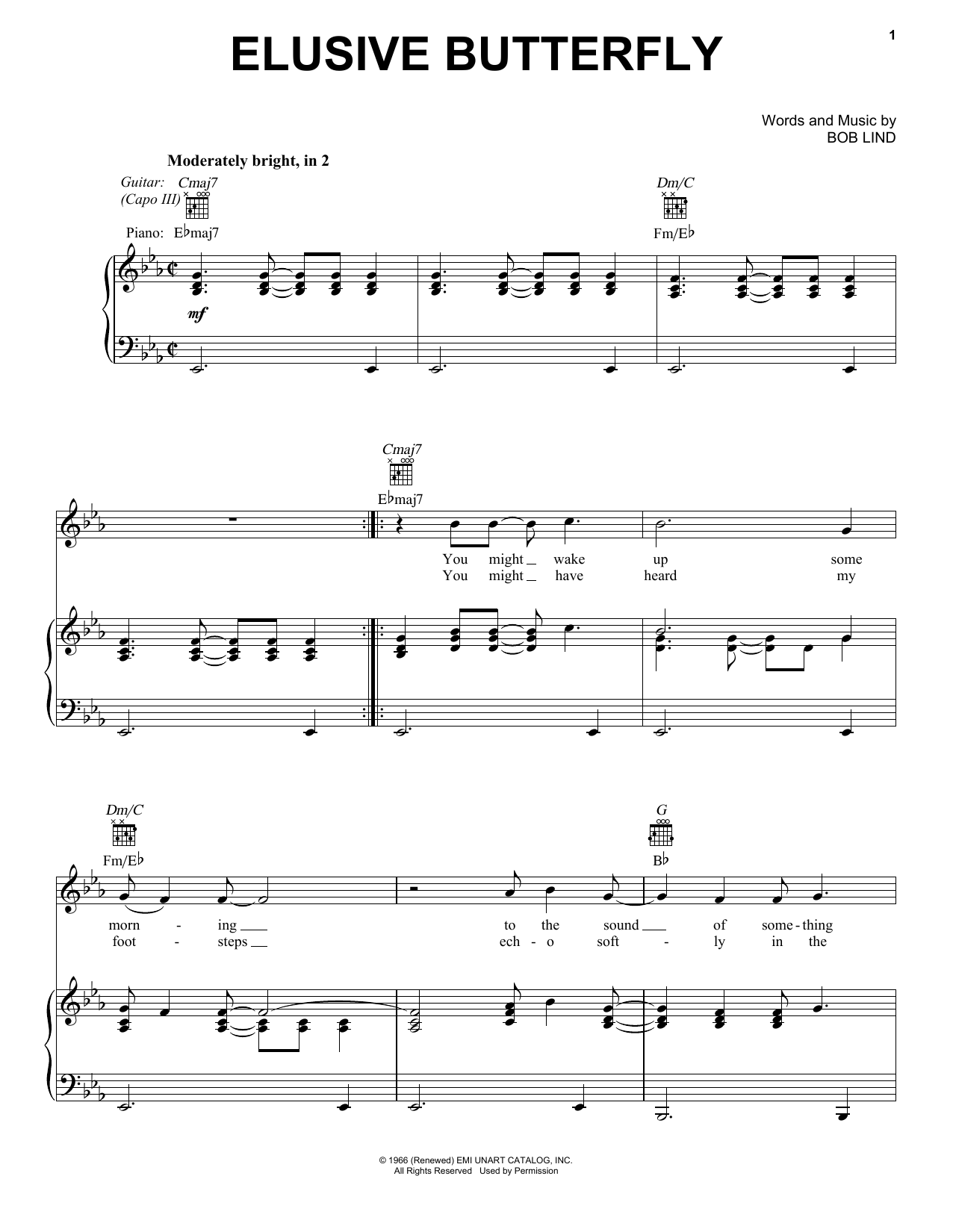 Download Bob Lind Elusive Butterfly Sheet Music and learn how to play Piano, Vocal & Guitar Chords (Right-Hand Melody) PDF digital score in minutes