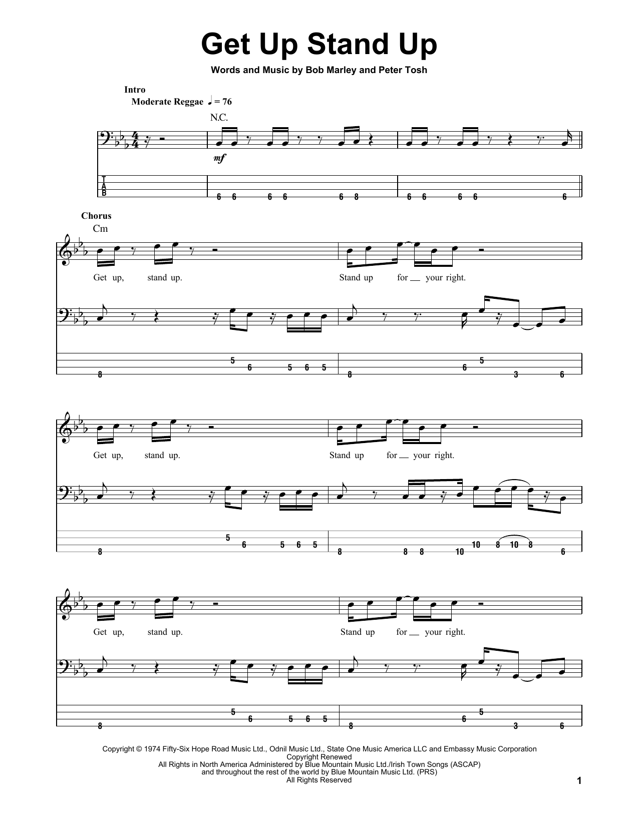Download Bob Marley & The Wailers Get Up Stand Up Sheet Music and learn how to play Bass Guitar Tab PDF digital score in minutes