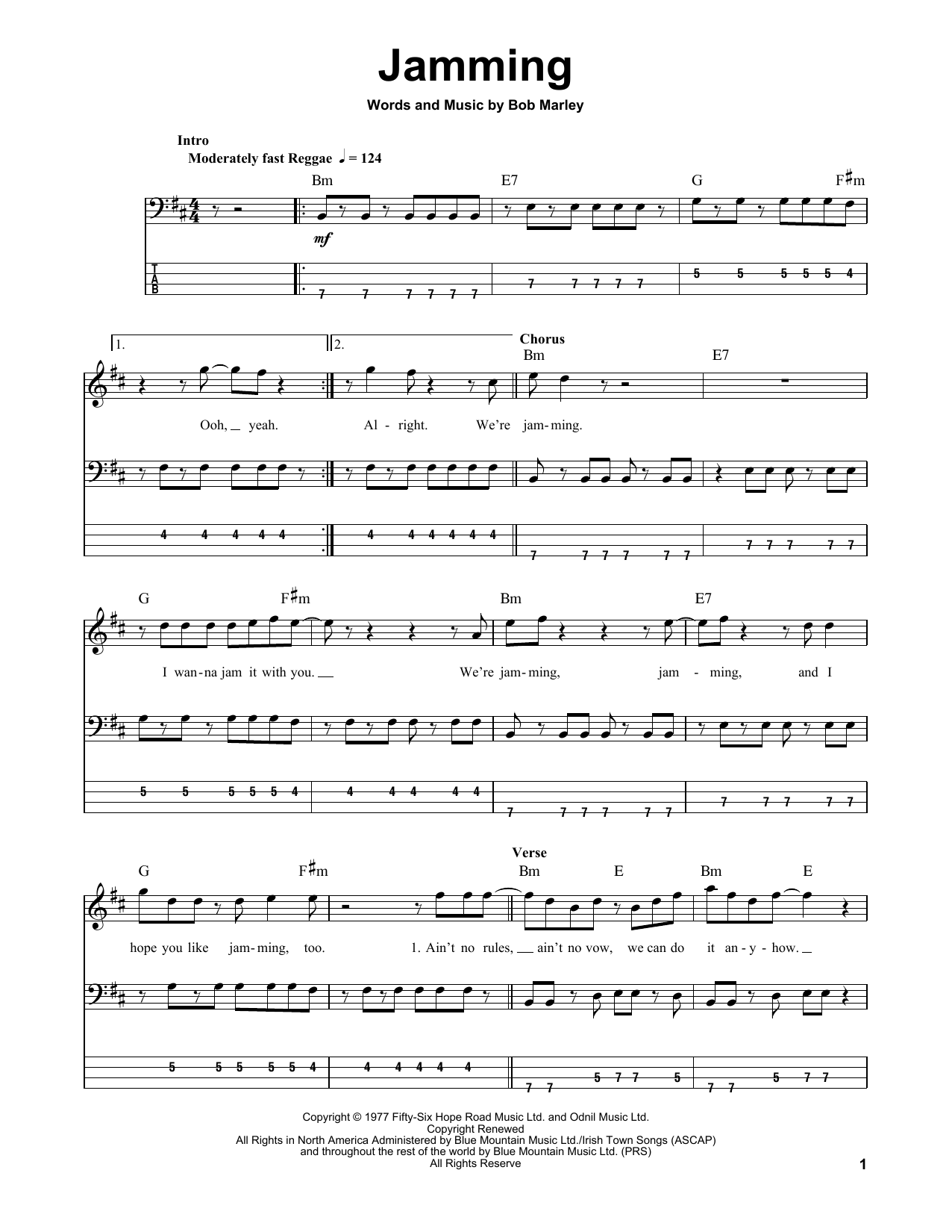 Download Bob Marley & The Wailers Jamming Sheet Music and learn how to play Bass Guitar Tab PDF digital score in minutes