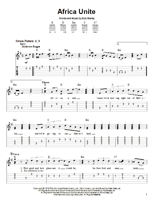 Download Bob Marley Africa Unite Sheet Music and learn how to play Easy Guitar Tab PDF digital score in minutes