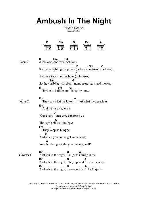 Download Bob Marley Ambush In The Night Sheet Music and learn how to play Lyrics & Chords PDF digital score in minutes