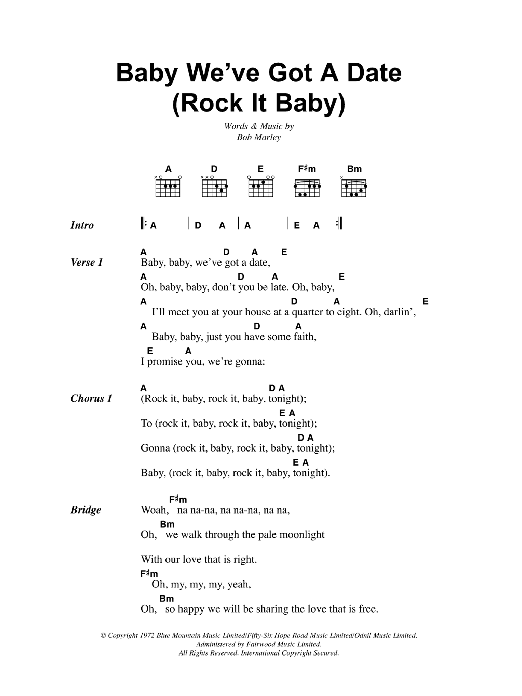 Download Bob Marley Baby We've Got A Date (Rock It Baby) Sheet Music and learn how to play Lyrics & Chords PDF digital score in minutes