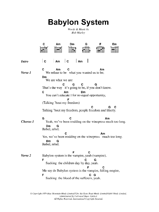 Download Bob Marley Babylon System Sheet Music and learn how to play Lyrics & Chords PDF digital score in minutes