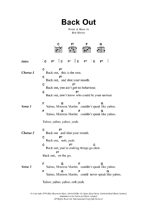 Download Bob Marley Back Out Sheet Music and learn how to play Lyrics & Chords PDF digital score in minutes