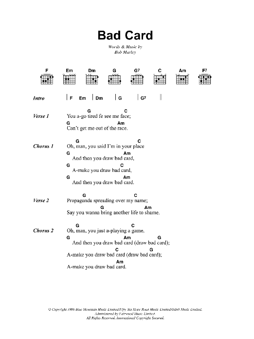 Download Bob Marley Bad Card Sheet Music and learn how to play Lyrics & Chords PDF digital score in minutes