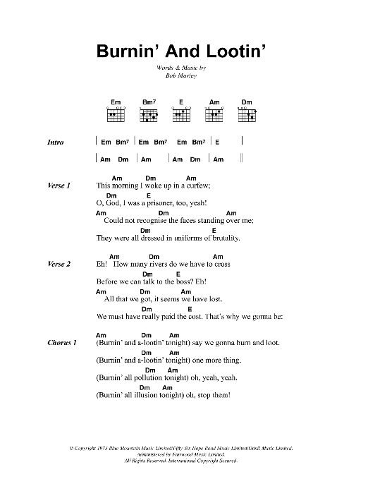 Download Bob Marley Burnin' And Lootin' Sheet Music and learn how to play Lyrics & Chords PDF digital score in minutes