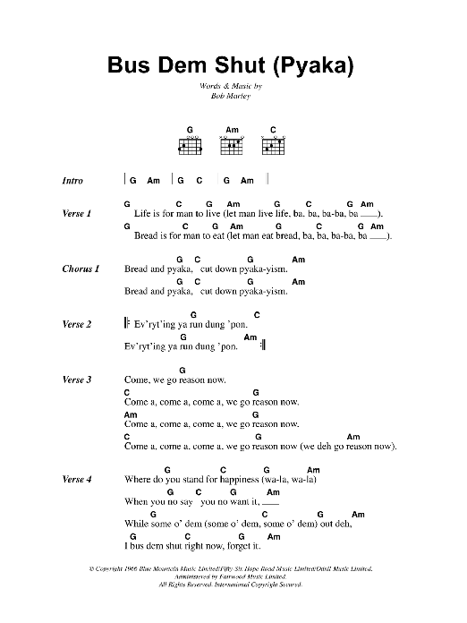 Download Bob Marley Bus Dem Shut (Pyaka) Sheet Music and learn how to play Lyrics & Chords PDF digital score in minutes