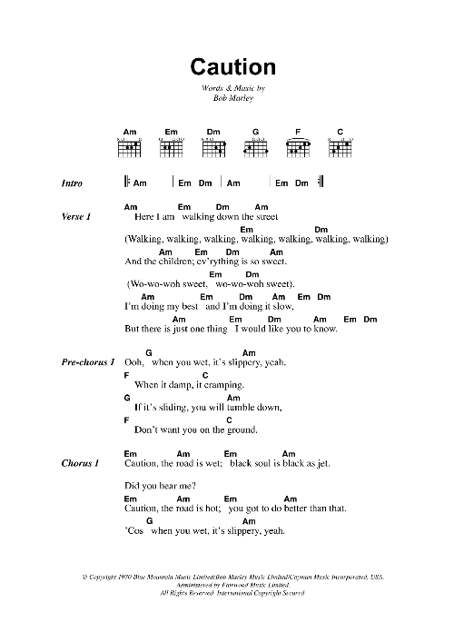 Download Bob Marley Caution Sheet Music and learn how to play Lyrics & Chords PDF digital score in minutes