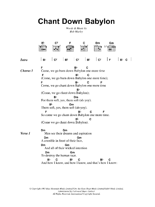 Download Bob Marley Chant Down Babylon Sheet Music and learn how to play Lyrics & Chords PDF digital score in minutes