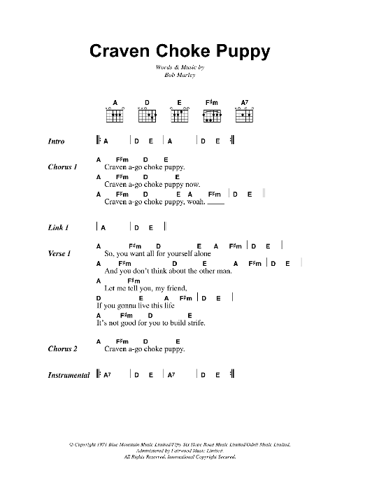 Download Bob Marley Craven Choke Puppy Sheet Music and learn how to play Lyrics & Chords PDF digital score in minutes