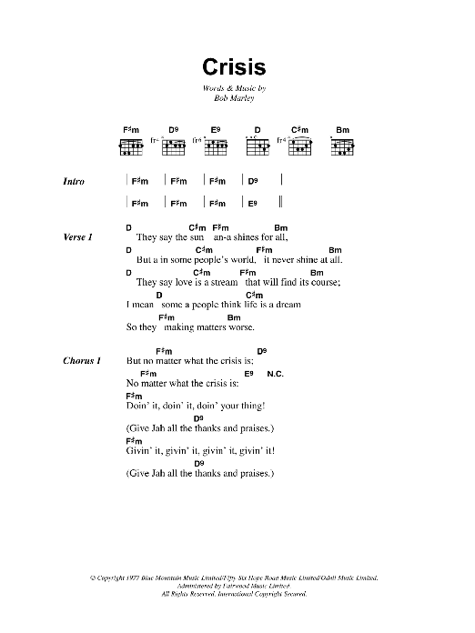 Download Bob Marley Crisis Sheet Music and learn how to play Lyrics & Chords PDF digital score in minutes