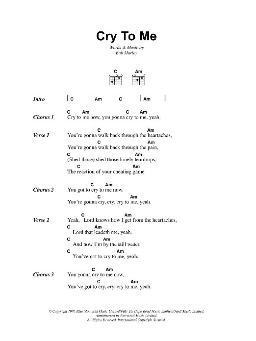 Download Bob Marley Cry To Me Sheet Music and learn how to play Lyrics & Chords PDF digital score in minutes