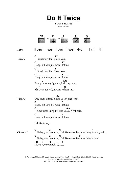 Download Bob Marley Do It Twice Sheet Music and learn how to play Lyrics & Chords PDF digital score in minutes