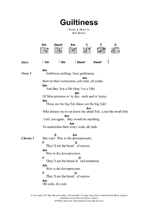 Download Bob Marley Guiltiness Sheet Music and learn how to play Lyrics & Chords PDF digital score in minutes