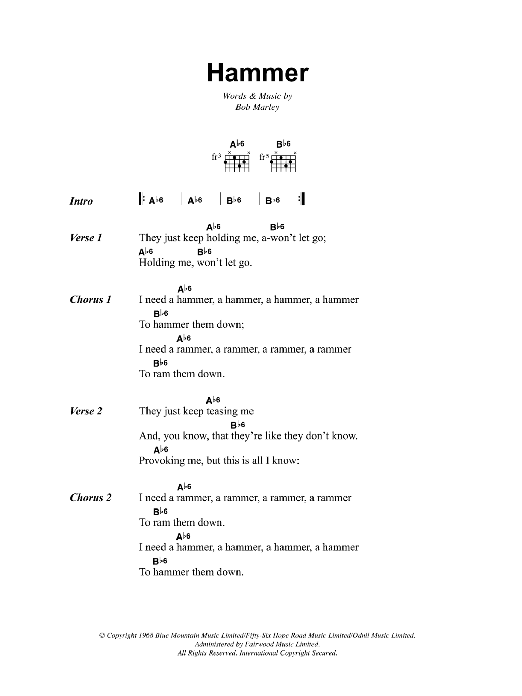 Download Bob Marley Hammer Sheet Music and learn how to play Lyrics & Chords PDF digital score in minutes