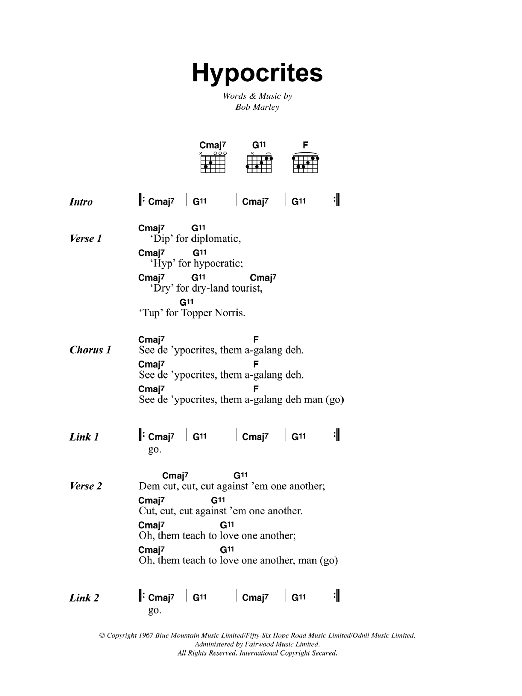 Download Bob Marley Hypocrites Sheet Music and learn how to play Lyrics & Chords PDF digital score in minutes