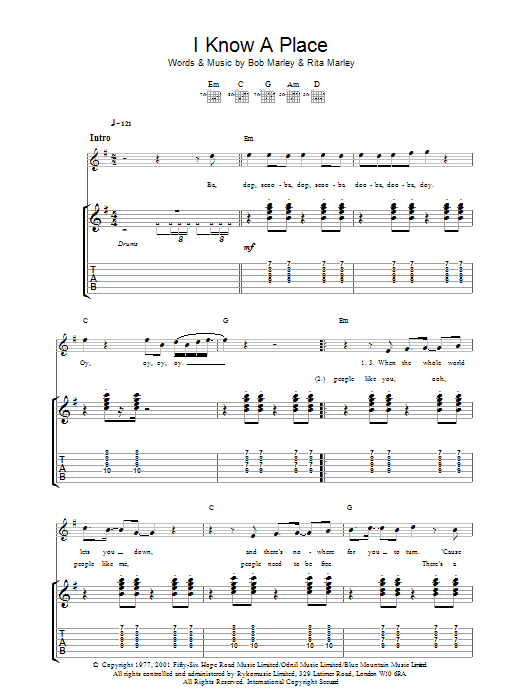 Download Bob Marley & The Wailers I Know A Place (Where We Can Carry On) Sheet Music and learn how to play Guitar Tab PDF digital score in minutes