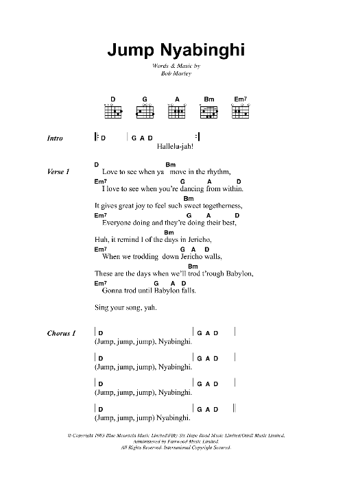 Download Bob Marley Jump Nyabinghi Sheet Music and learn how to play Lyrics & Chords PDF digital score in minutes