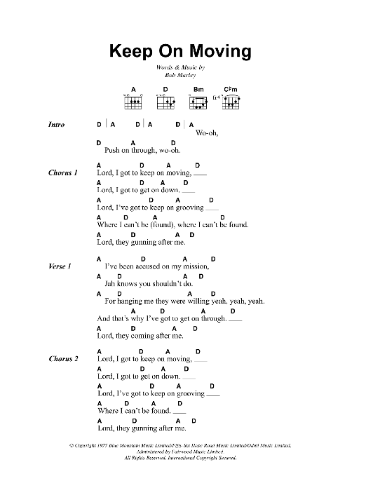 Download Bob Marley Keep On Moving Sheet Music and learn how to play Lyrics & Chords PDF digital score in minutes