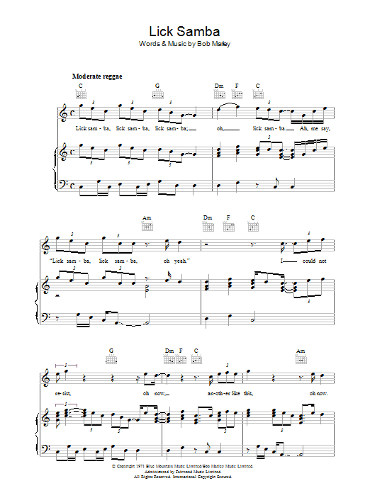 Download Bob Marley Lick Samba Sheet Music and learn how to play Lyrics & Chords PDF digital score in minutes