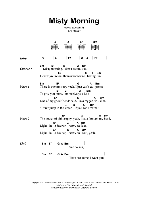 Download Bob Marley Misty Morning Sheet Music and learn how to play Lyrics & Chords PDF digital score in minutes