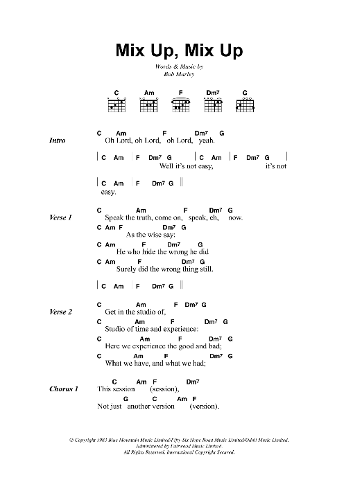 Download Bob Marley Mix Up, Mix Up Sheet Music and learn how to play Lyrics & Chords PDF digital score in minutes