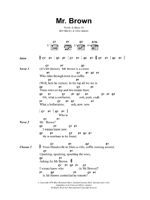 Download Bob Marley Mr. Brown Sheet Music and learn how to play Lyrics & Chords PDF digital score in minutes