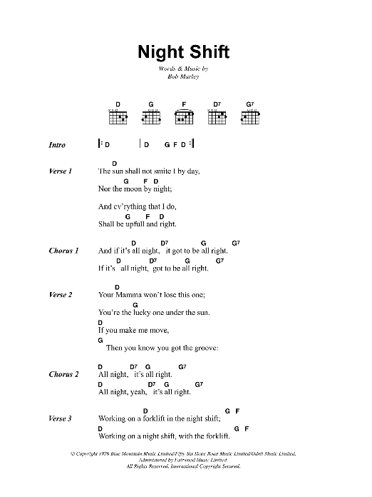 Download Bob Marley Night Shift Sheet Music and learn how to play Lyrics & Chords PDF digital score in minutes