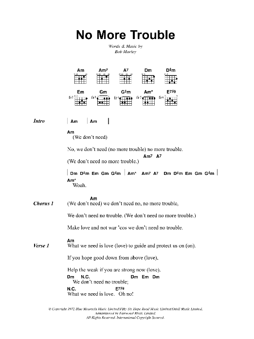 Download Bob Marley No More Trouble Sheet Music and learn how to play Lyrics & Chords PDF digital score in minutes