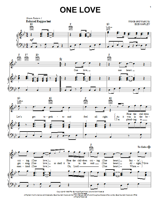 Download Bob Marley One Love Sheet Music and learn how to play Piano, Vocal & Guitar (Right-Hand Melody) PDF digital score in minutes