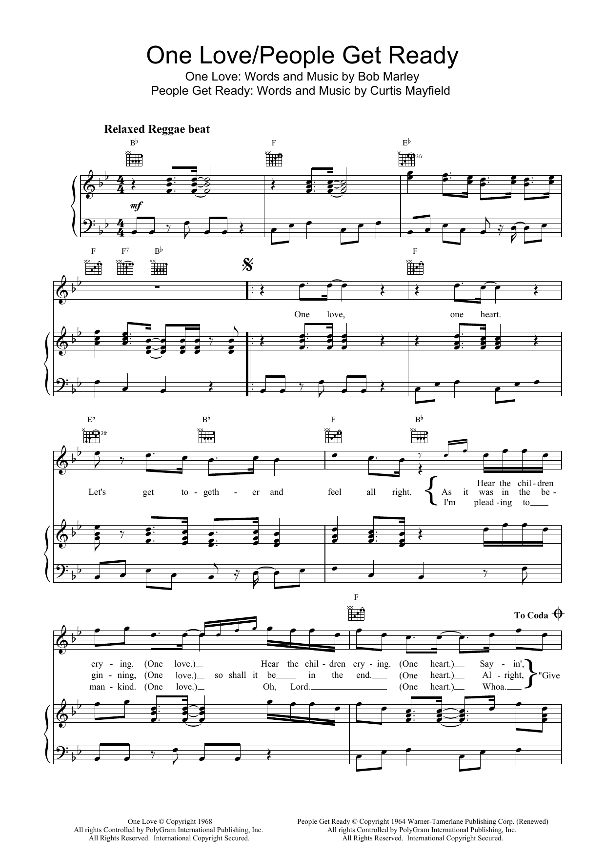 Download Bob Marley One Love/People Get Ready Sheet Music and learn how to play Beginner Piano PDF digital score in minutes
