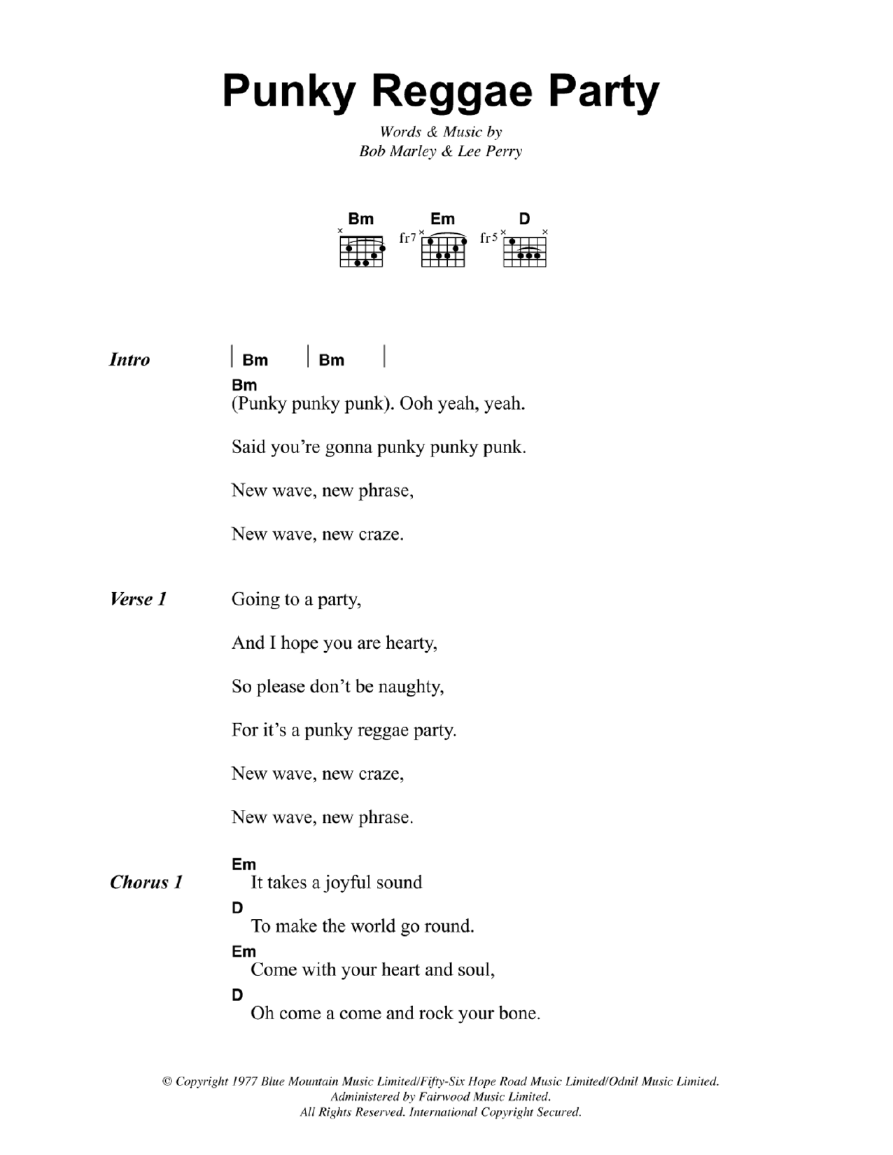 Download Bob Marley Punky Reggae Party Sheet Music and learn how to play Lyrics & Chords PDF digital score in minutes