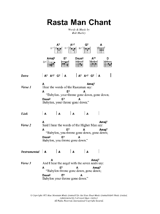 Download Bob Marley Rasta Man Chant Sheet Music and learn how to play Lyrics & Chords PDF digital score in minutes