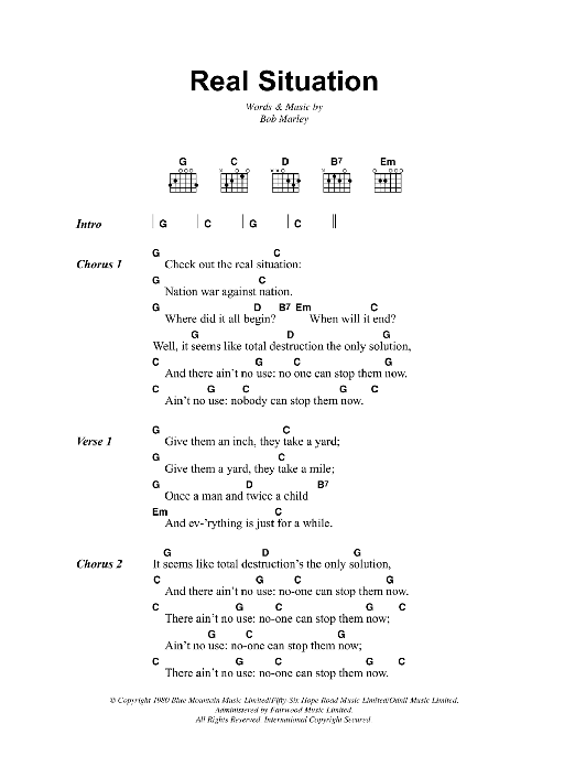 Download Bob Marley Real Situation Sheet Music and learn how to play Lyrics & Chords PDF digital score in minutes