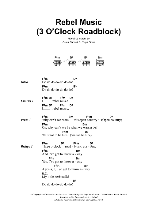 Download Bob Marley Rebel Music (3 O'Clock Roadblock) Sheet Music and learn how to play Lyrics & Chords PDF digital score in minutes