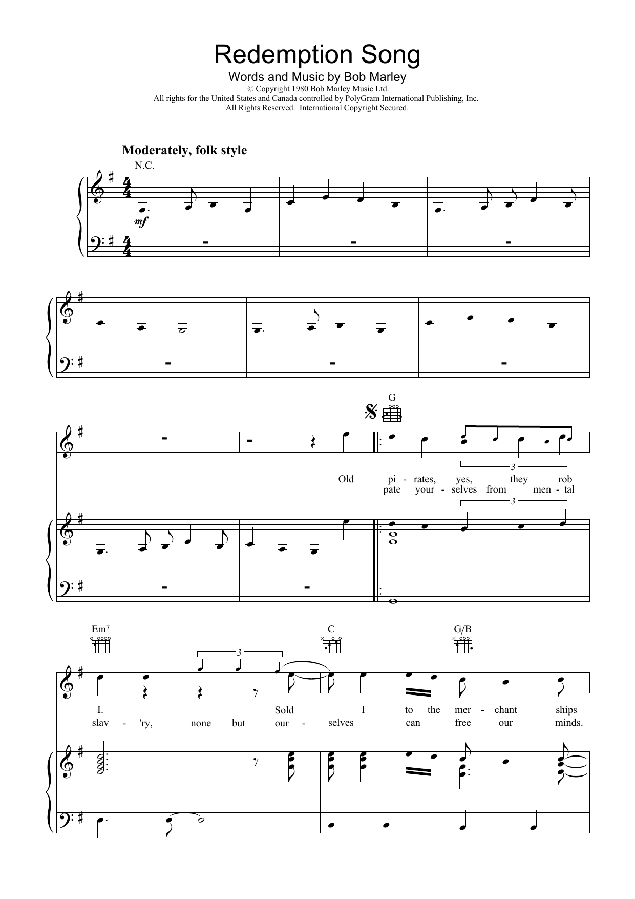 Download Bob Marley Redemption Song Sheet Music and learn how to play Piano, Vocal & Guitar (Right-Hand Melody) PDF digital score in minutes
