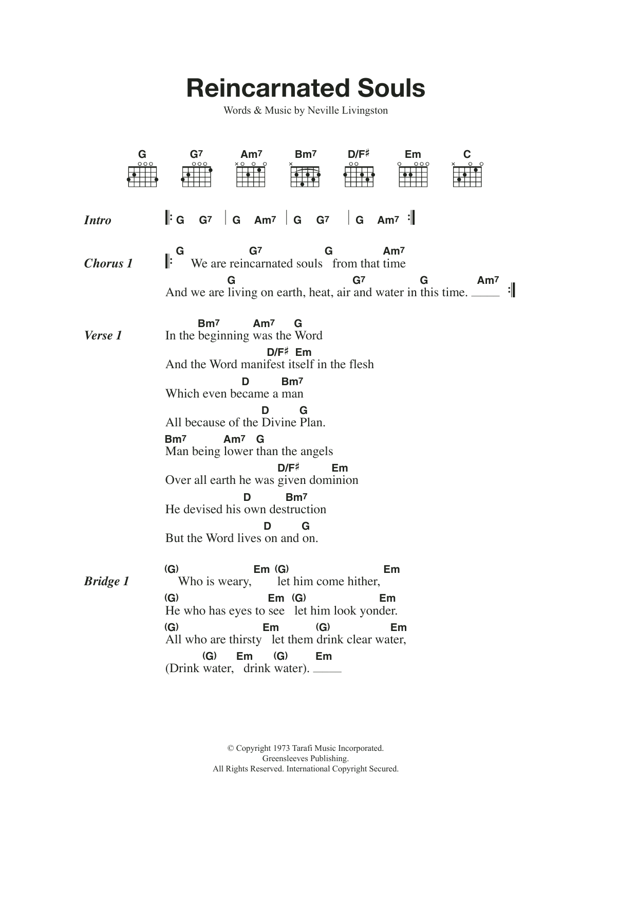 Download Bob Marley Reincarnated Souls Sheet Music and learn how to play Lyrics & Chords PDF digital score in minutes