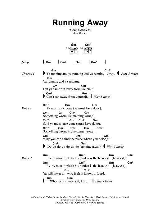 Download Bob Marley Running Away Sheet Music and learn how to play Lyrics & Chords PDF digital score in minutes