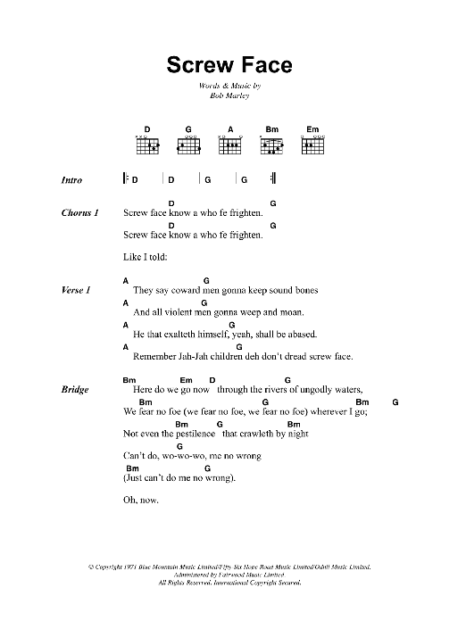 Download Bob Marley Screw Face Sheet Music and learn how to play Lyrics & Chords PDF digital score in minutes