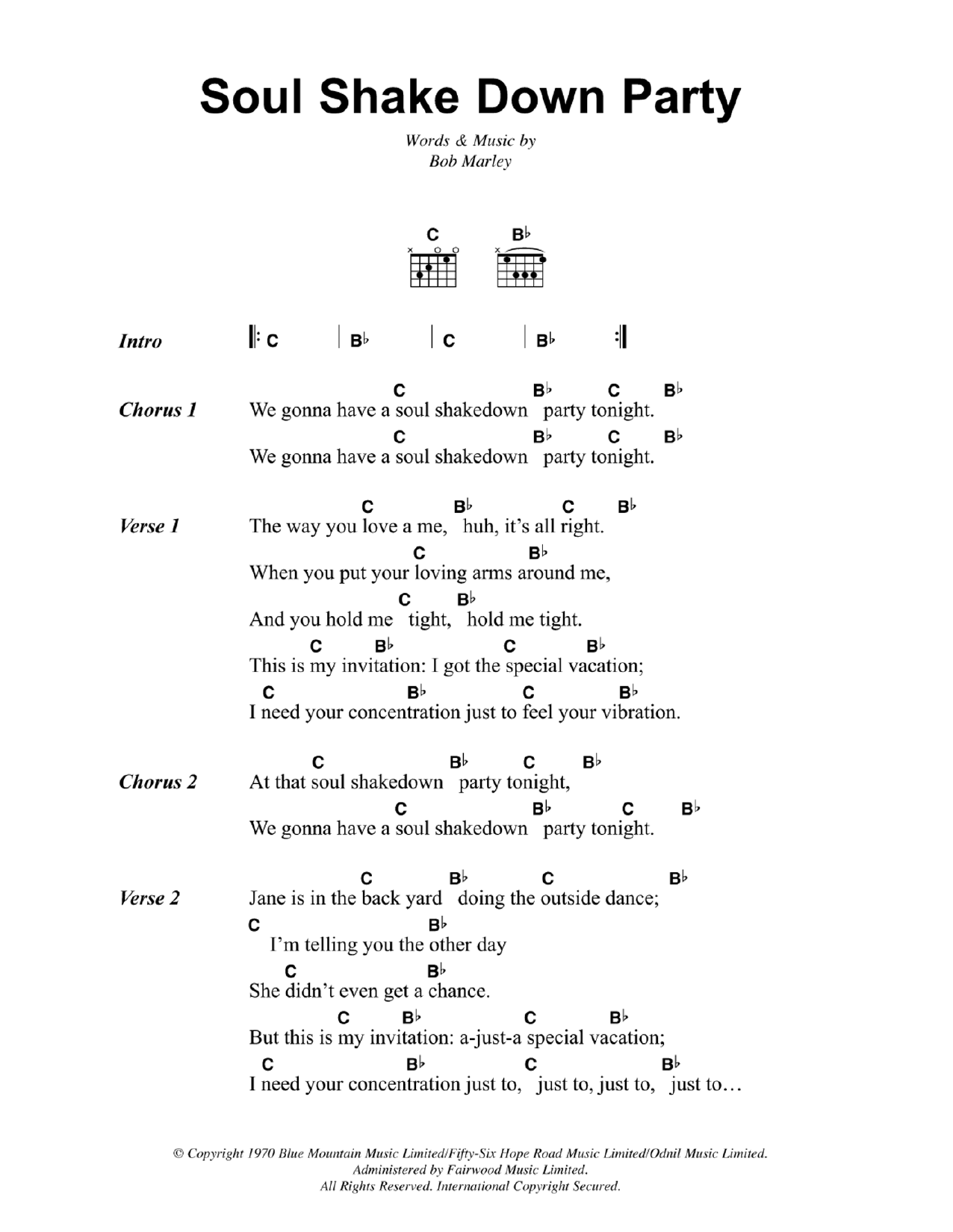 Download Bob Marley Soul Shakedown Party Sheet Music and learn how to play Lyrics & Chords PDF digital score in minutes