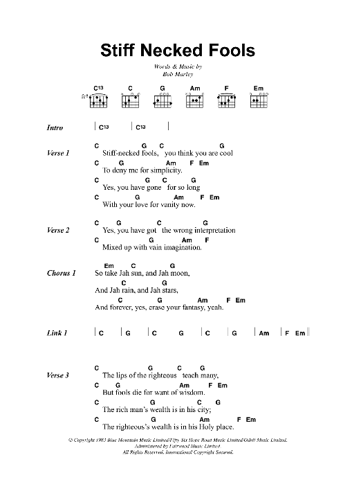 Download Bob Marley Stiff Necked Fools Sheet Music and learn how to play Lyrics & Chords PDF digital score in minutes