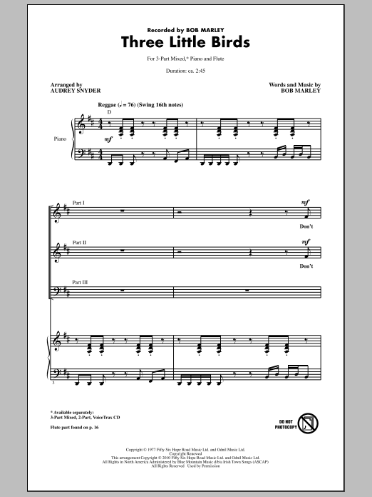Download Bob Marley Three Little Birds (arr. Audrey Snyder) Sheet Music and learn how to play 2-Part Choir PDF digital score in minutes