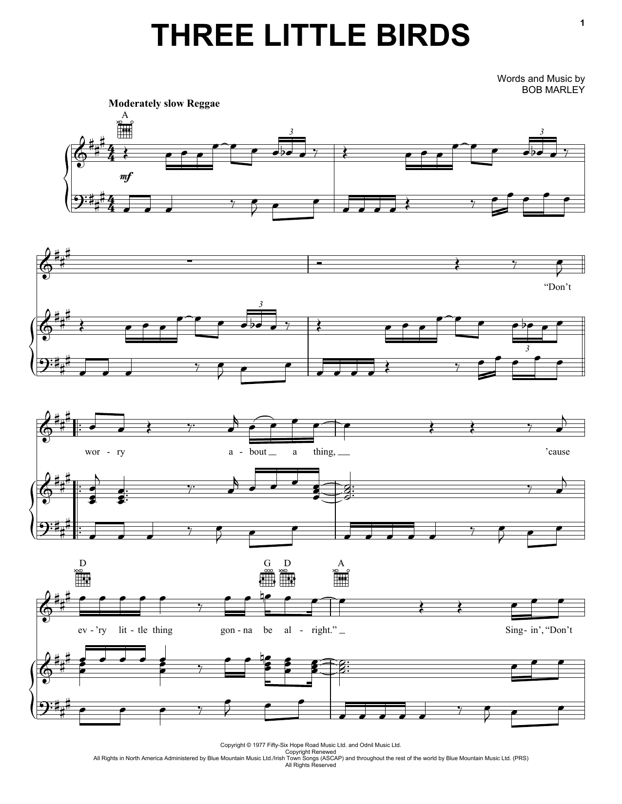 Download Bob Marley Three Little Birds Sheet Music and learn how to play Piano, Vocal & Guitar (Right-Hand Melody) PDF digital score in minutes